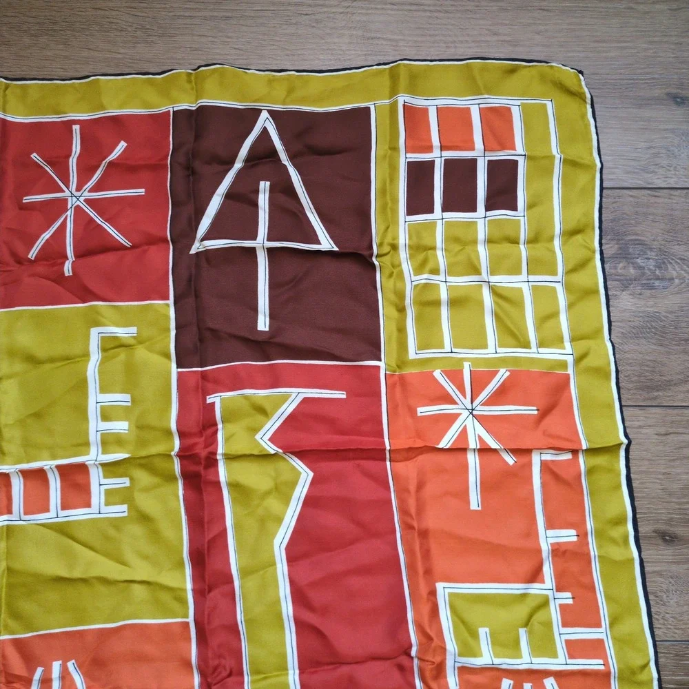 Vtg Vera Neumann Geometric Silk Scarf Retro Yellow Orange Brown Logo MCM Modern